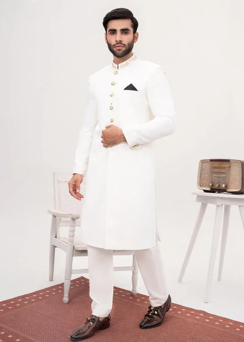 Off White Collar Embroidered Sherwani