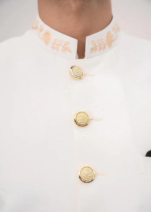 Off White Collar Embroidered Sherwani