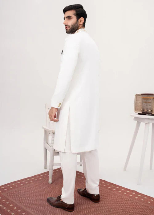Off White Collar Embroidered Sherwani