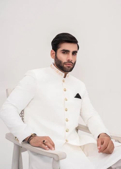 Off White Collar Embroidered Sherwani