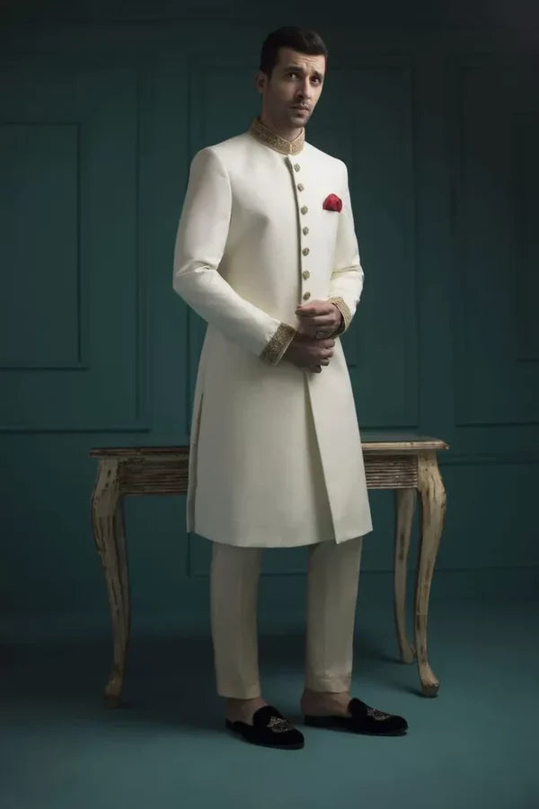 Sherwani with Collar and Sleeve Embroidered