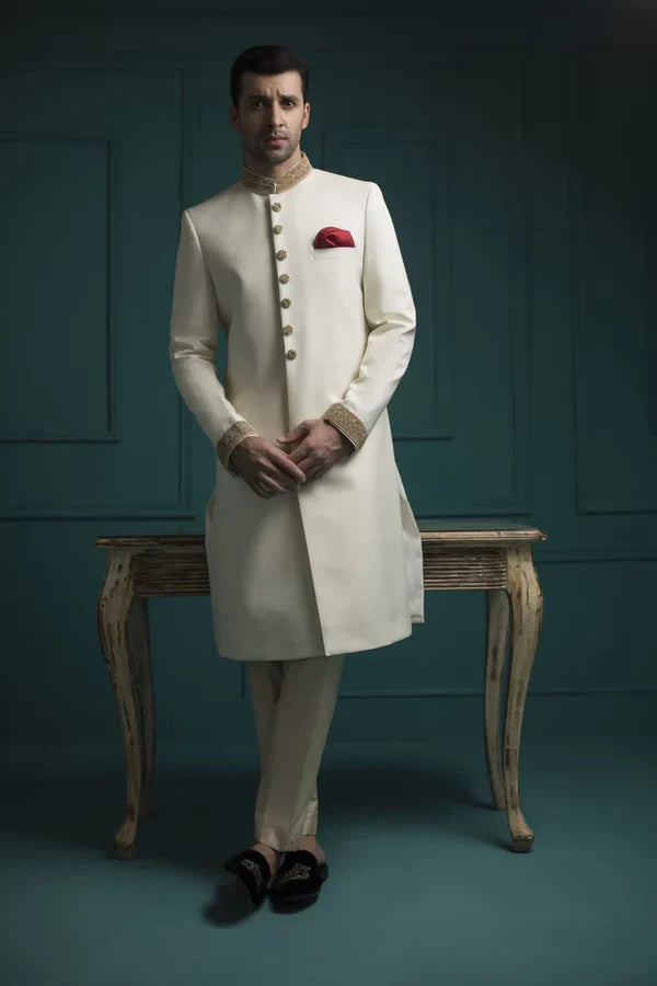 Sherwani with Collar and Sleeve Embroidered