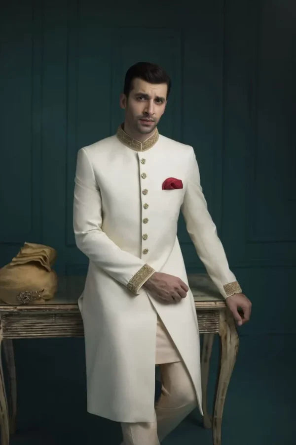 Sherwani with Collar and Sleeve Embroidered