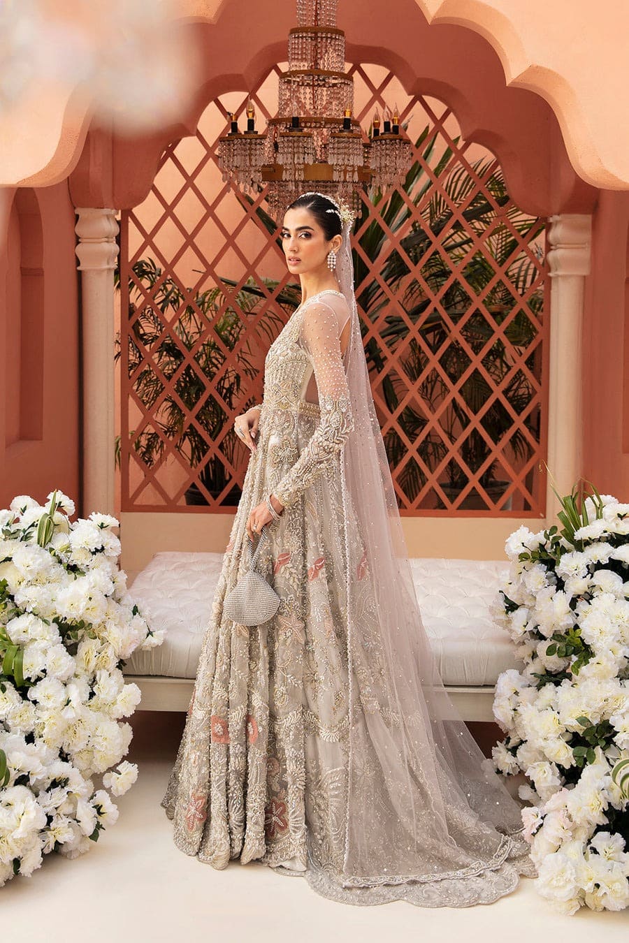 Pakistani Bridal Embellished Silver Gown Outfit