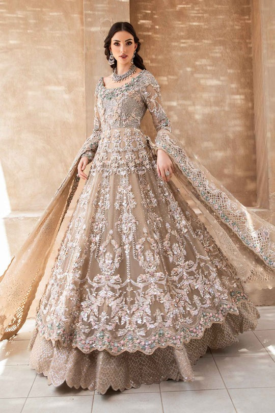 Royal Pakistani Bridal Wear in Beige Frock Lehenga Style