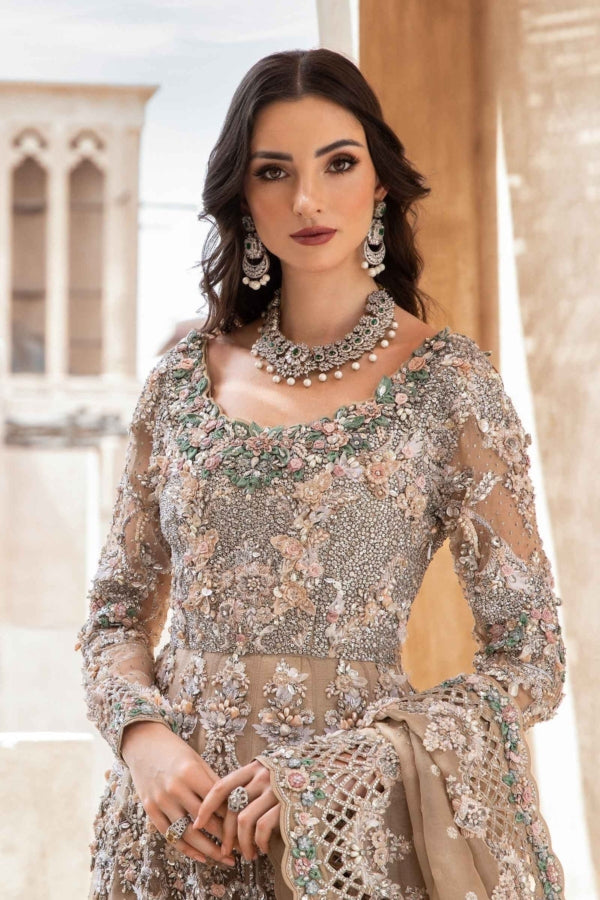 Royal Pakistani Bridal Wear in Beige Frock Lehenga Style