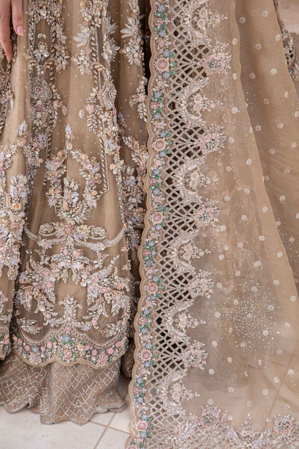 Royal Pakistani Bridal Wear in Beige Frock Lehenga Style