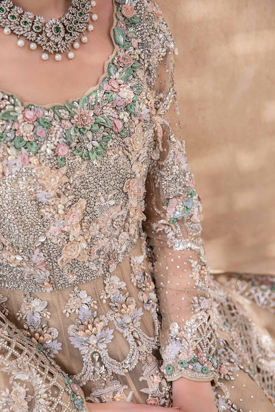 Royal Pakistani Bridal Wear in Beige Frock Lehenga Style