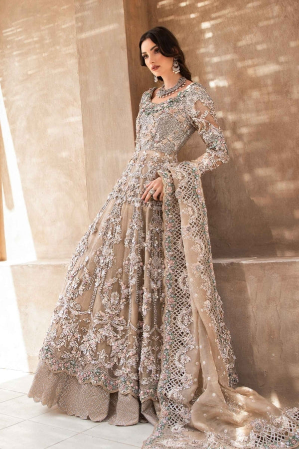 Royal Pakistani Bridal Wear in Beige Frock Lehenga Style