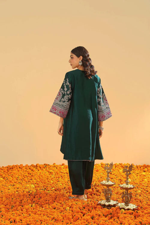 Mohsina - Emerald Green Short Kalidaar Chauga With Salwar