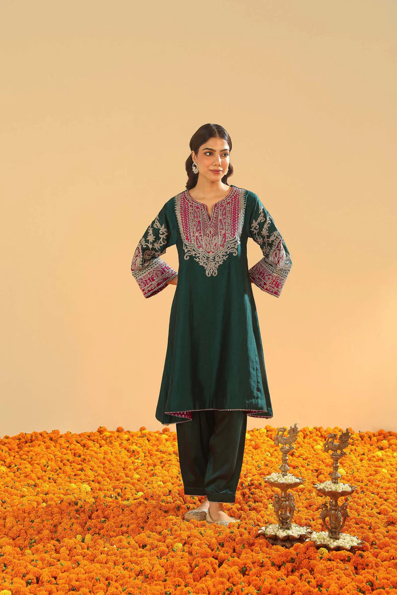 Mohsina - Emerald Green Short Kalidaar Chauga With Salwar