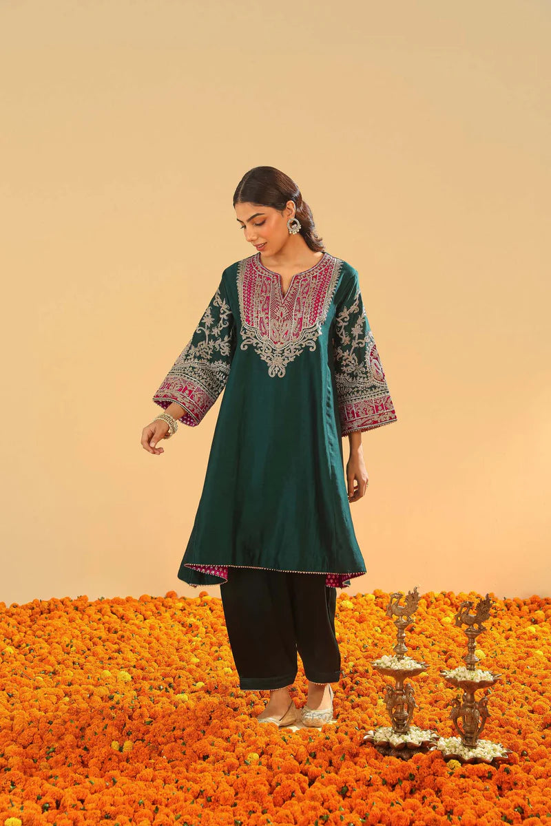 Mohsina - Emerald Green Short Kalidaar Chauga With Salwar