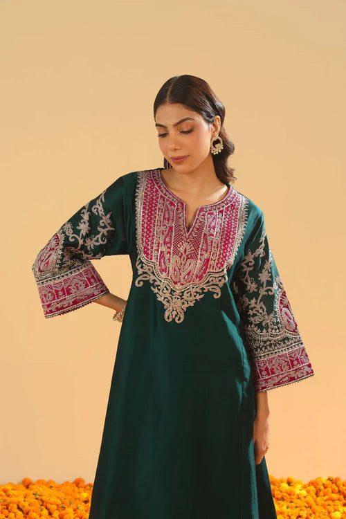 Mohsina - Emerald Green Short Kalidaar Chauga With Salwar