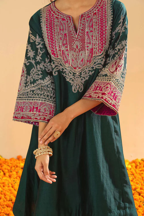 Mohsina - Emerald Green Short Kalidaar Chauga With Salwar