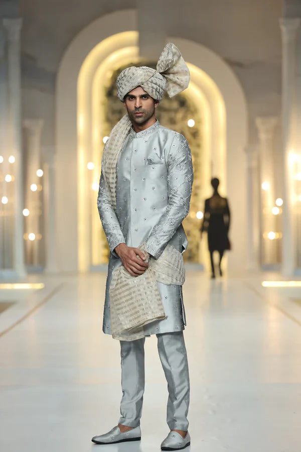 Silver All Over Embroidered Raw Silk Sherwani