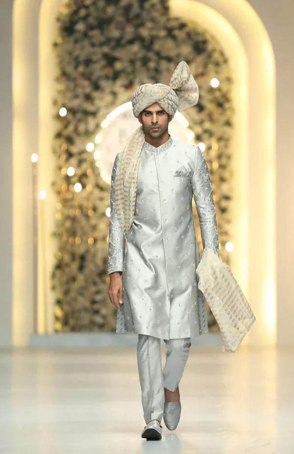 Silver All Over Embroidered Raw Silk Sherwani