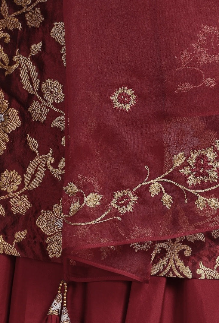Merlot Red Pure Katan Silk Kadwa Jangla Handloom Suit-Skirt Set