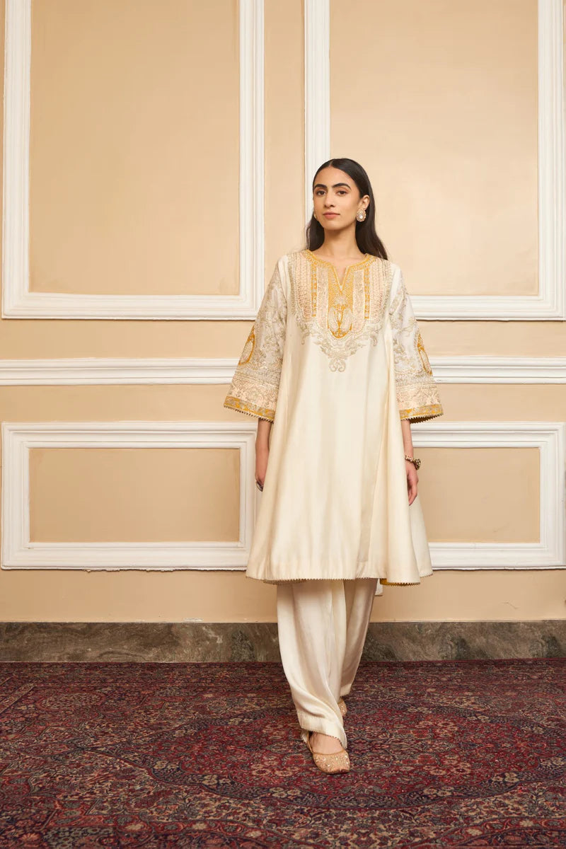 Mohsina - Daisy Ivory Short Kalidaar Choga With Salwar
