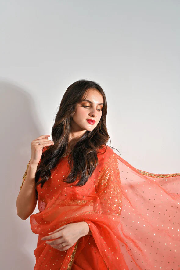 Coral Organza Saree