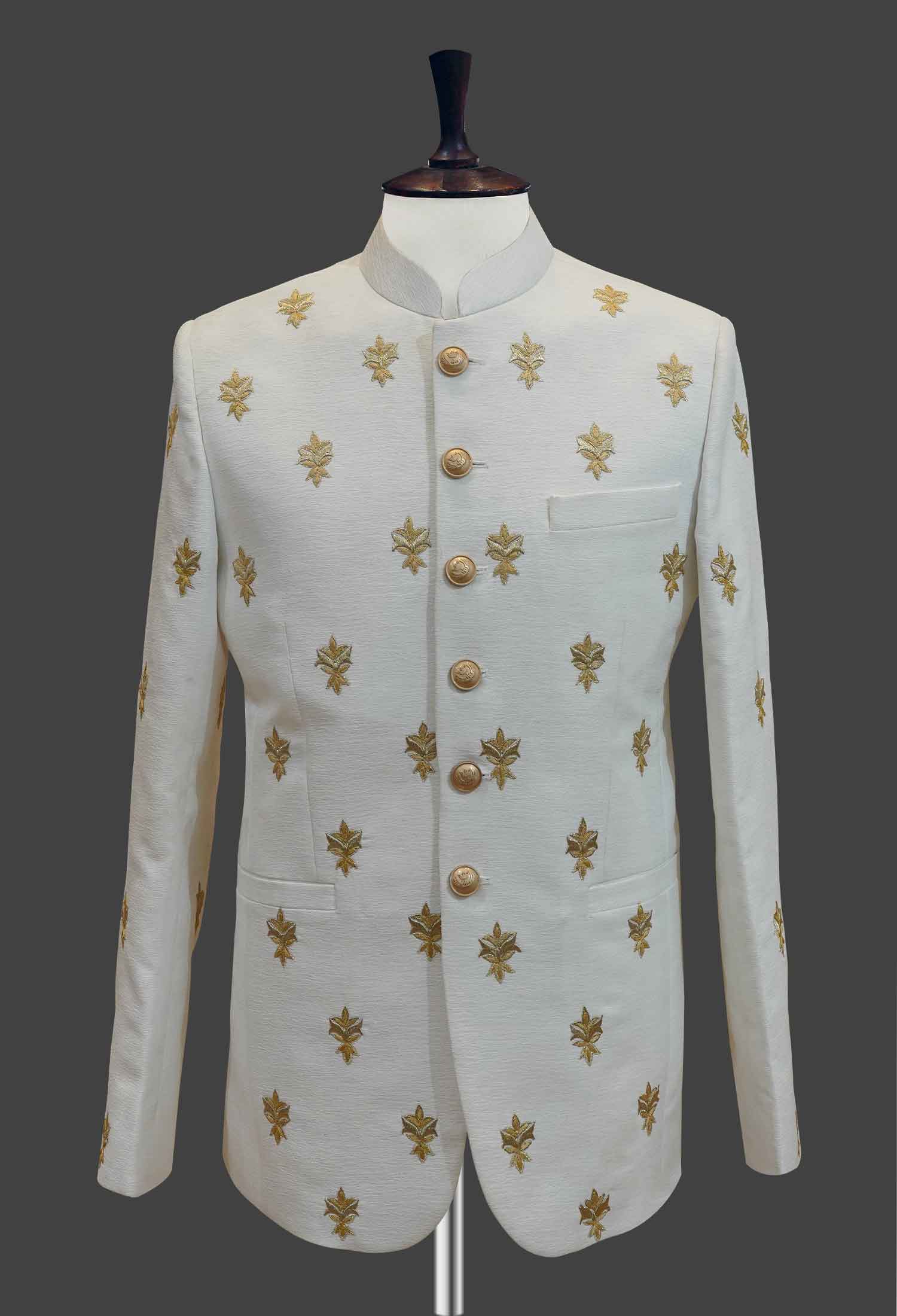 White Prince Coat with Golden Leaf Embroidery