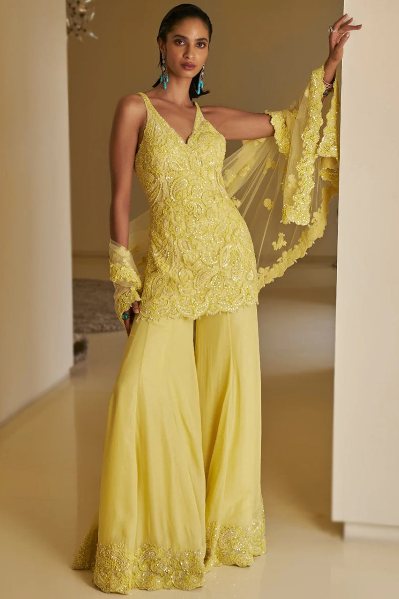 Embroidered Light Yellow Net Straight Cut Sharara Suit
