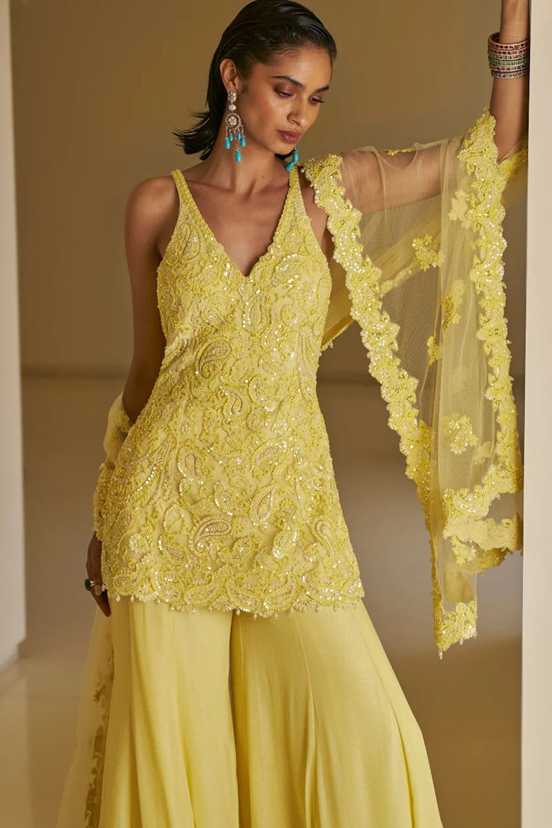 Embroidered Light Yellow Net Straight Cut Sharara Suit