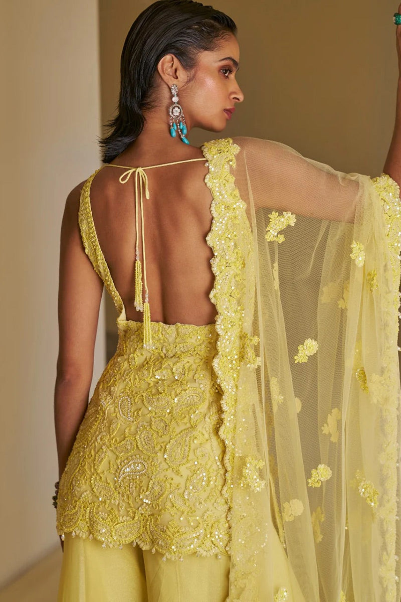 Embroidered Light Yellow Net Straight Cut Sharara Suit