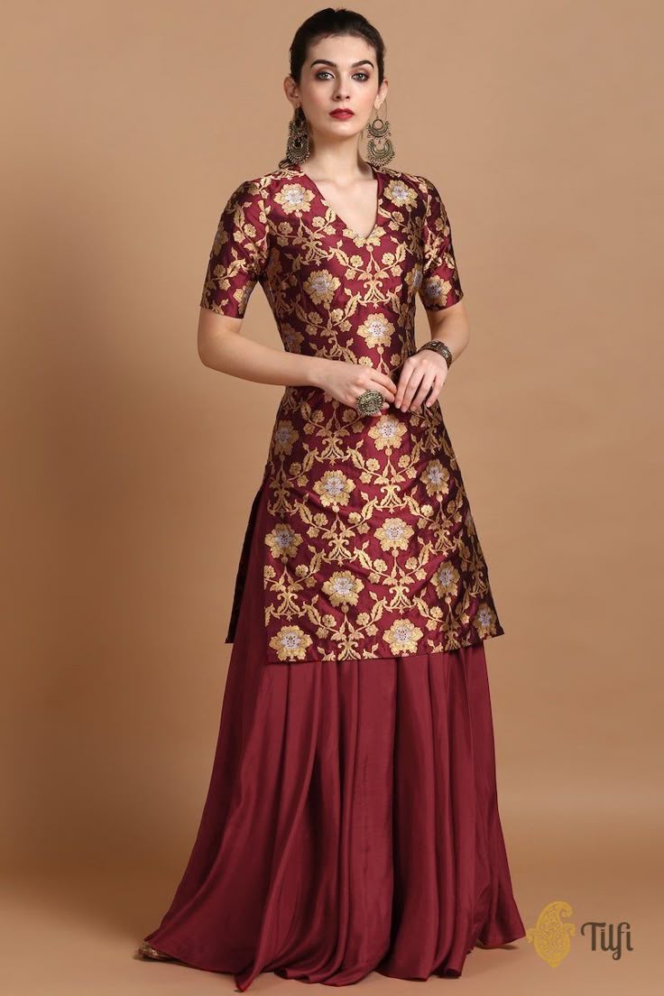 Merlot Red Pure Katan Silk Kadwa Jangla Handloom Suit-Skirt Set
