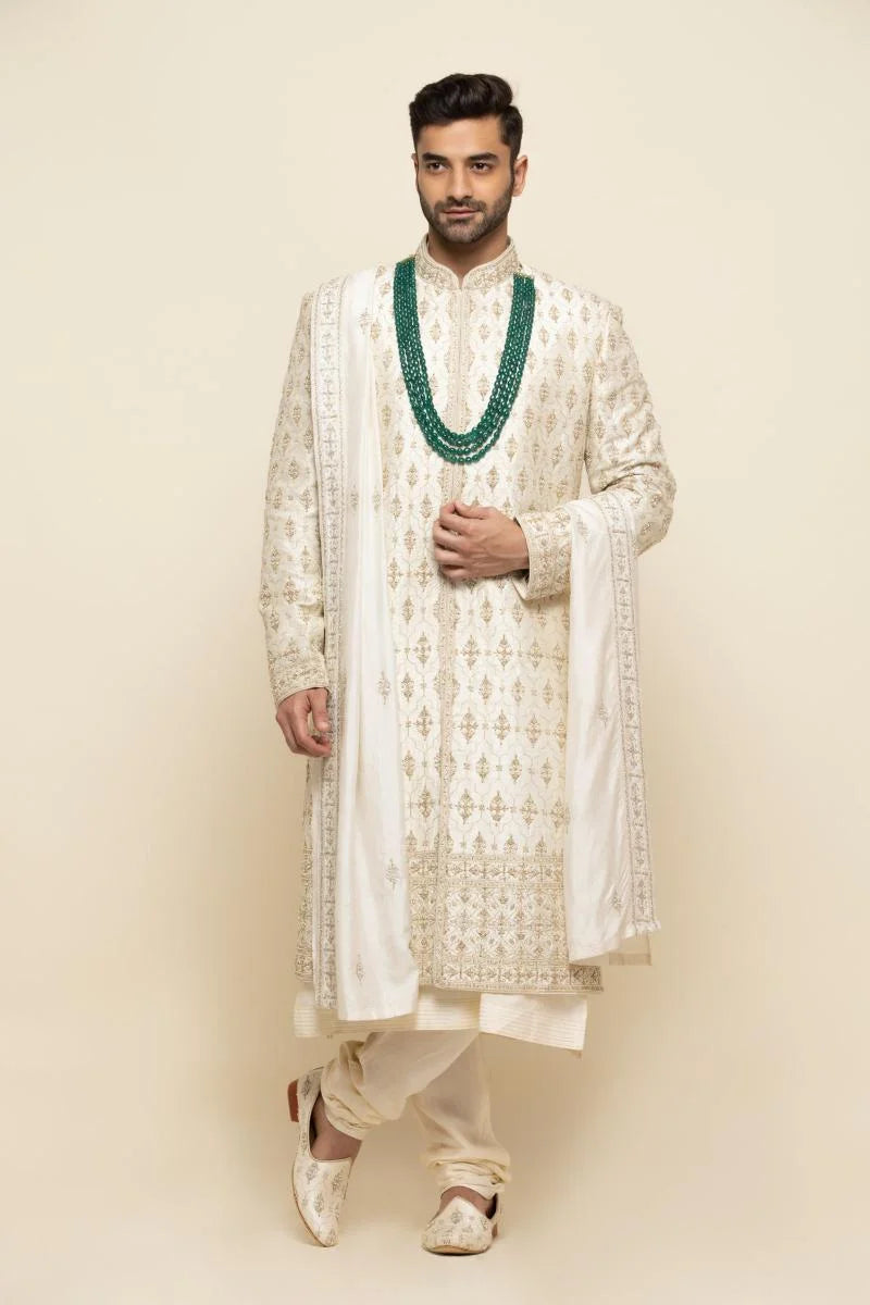 Pearl White Silk Sherwani with Traditional Embellishments