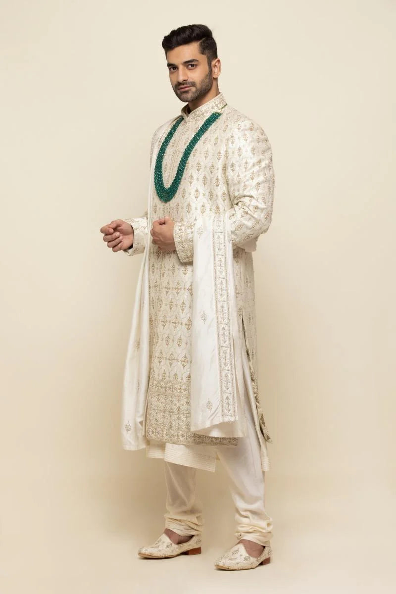 Pearl White Silk Sherwani with Traditional Embellishments