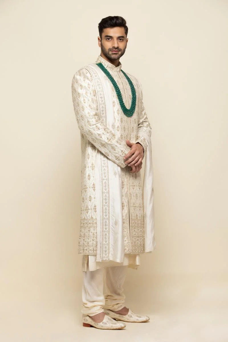 Pearl White Silk Sherwani with Traditional Embellishments