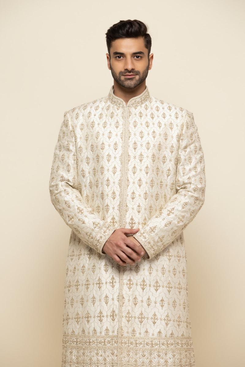 Pearl White Silk Sherwani with Traditional Embellishments