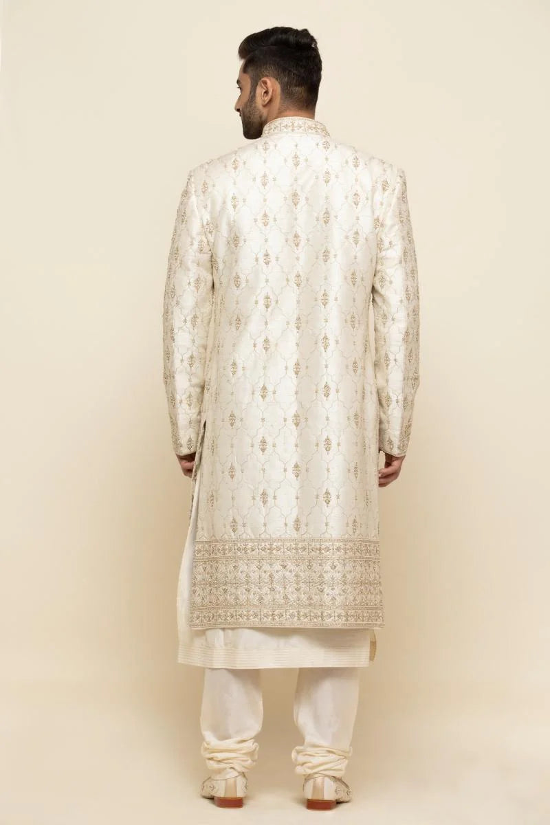Pearl White Silk Sherwani with Traditional Embellishments