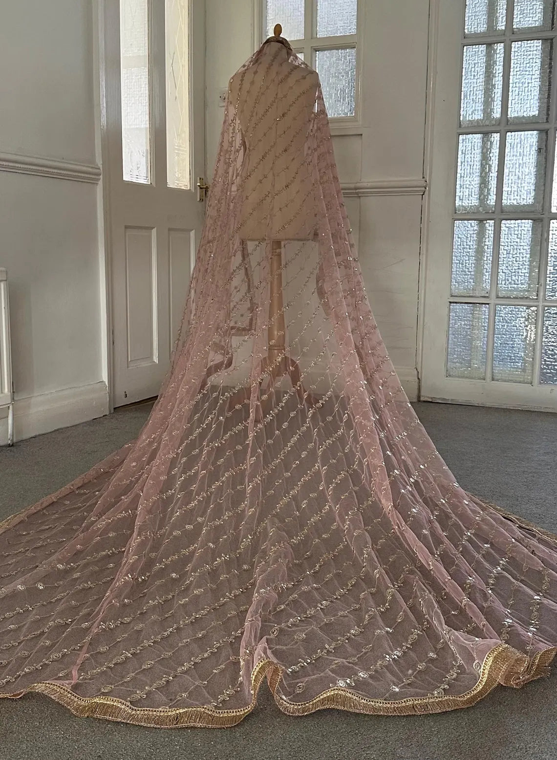 Pink embroidered long veil