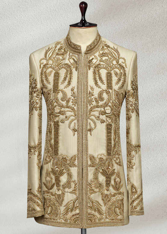 Cream Prince Suit with Golden Embroidery